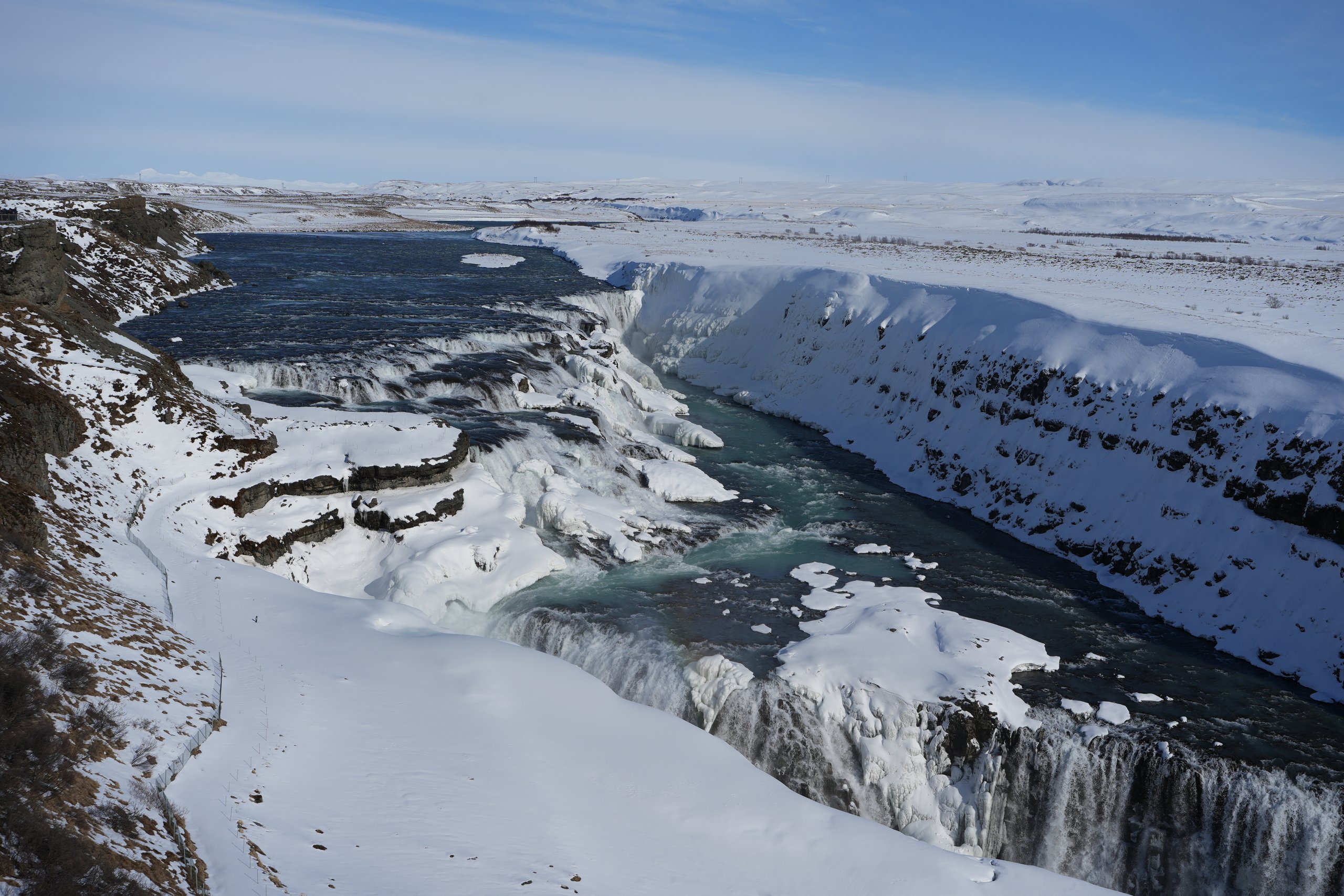 Snow, glaciers and waterfalls in winter.